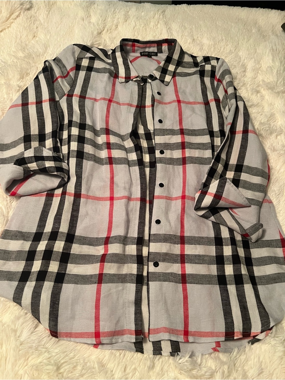 Button-Front Plaid Blouse in Gray, Black & Red